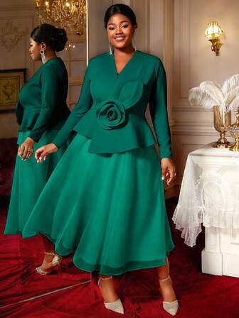 大码女式长袖不规则荷叶边V领印花A字网纱连衣裙，适合派对、婚礼、圣诞节等场合