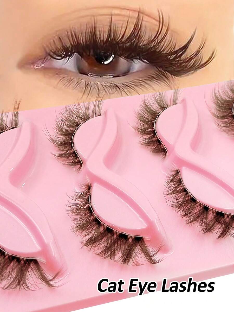 Rikuaild 5 Pairs Brown Cat Eye False Eyelashes, Transparent Band Fox Eye Fake Lashes, Brown Faux Mink Lashes, 3D Fluffy Crossed Lash Extensions For Natural Makeup - 眼尾拉長款 - 查看 1