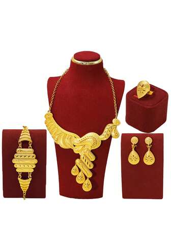 24K Gold Dubai Middle East Accessories Set Sand Gold Necklace Earrings Bracelet For Brides Alloy Bridal Jewelry For Gift