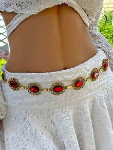 1 pezzo Catena per vita in metallo cava vintage e alla moda, con fiori intarsiati e falsi gemme rosse, gioiello da indossare sul corpo, stile boho classico con motivo floreale intagliato e falsi gemme rosse, adatto per uso quotidiano e per occasioni di festa delle donne - Rosso - Visualizzare 2