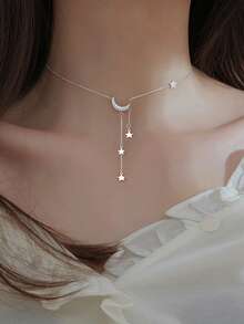 1件S925纯银星月流苏项链，精致简约星月颈链，优雅礼物 - 星月 - 查看 1
