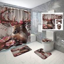 4pcs Christmas Winter Atmosphere Shower Curtain Set, Deer With Floral Antlers Pattern, Foldable High-Quality Shower Curtain Set, Polyester Digital Print Pattern Shower Curtain No-Drill Partition Bathroom, Best For Bathroom Decoration And Gift Giving, Bathroom Decor, Christmas Decorations - 4PCS - View 10