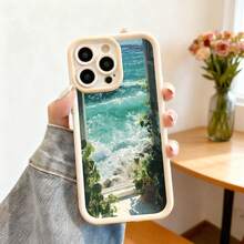 Cubierta de teléfono con borde negro y diseño de paisaje marino con plantas verdes para iPhone 14 Pro Max protección contra caídas estilo natural ideal para uso diario y viajes - Negro - Ver 3
