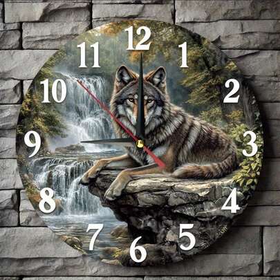 Wolf Theme Silent Wall Clock| Country Style| 9.8inch Round Wooden Clock, Natural Scene Design| Easy-To-Read White Numbers| Suitable For Use In Kitchens And Bedrooms| Battery Powered (AA Batteries Not Included)| Office Silent Wall Clock| Fine Wood Craft, Wall Decoration Wolf Pattern /10*10in/1pc/10*10in/1pc/10*10in/1pc