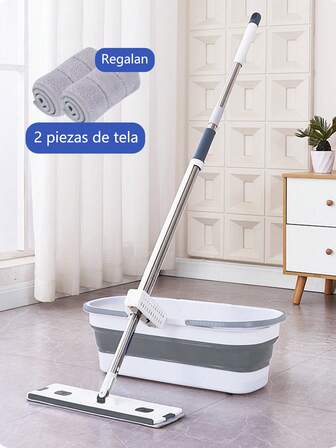 Trapeador Plano y Cubo Plegable, Exprimidor De Movimiento Hacia Arriba y Hacia Abajo y 2 Almohadillas Planas De Repuesto, Para El Hogar, Baño, Azulejos, Pared, Limpieza De Ventanas De Automóvil