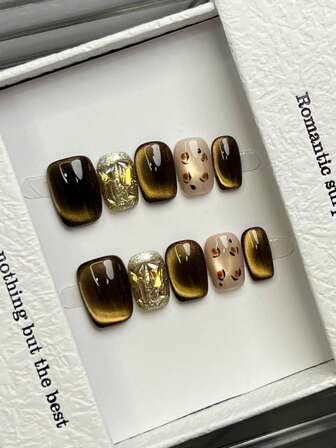 10pcs Handmade Nails Round Square Nails Acrylic Press On Nails Medium Short, Gentle Black,Brown,Gold Nails, Flashy Cateye French Tip Nails, Leopard Pattern Glitter Powder Nail Gems Diamond Inlaid, Autumn Nails, Luxury Simple Elegant Handcrafted Fall Press On Nails, Chrome Nails Modern Style, Versatile Nails DIY False Nail Art Party Daily & Dating Use Beach Tropical Getaway Suitable Reusable, For Women & Girls As Gift Nail Supplies