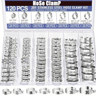 120件套不锈钢软管卡箍组合套装，7种尺寸，从1/4英寸到1-1/2英寸（6-38毫米），可调式蜗轮金属燃油管卡箍，适用于管道、花园软管、水龙头管、汽车和机械应用。