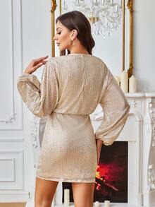 Shiny Sequin Overlap Collar Party Dress, Elegant For Evening Dates - Apricot - View 2