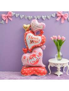 150cm Oversized Vertical Heart Shaped Balloon, Layered & Criss-Cross Design - Pink & Gold Letter And XOXO Kiss Print Pattern - Suitable For Valentine's Day, Wedding, Birthday, Anniversary - No Power Needed, Wedding & Valentine's Day Balloon - Multicolor - View 3
