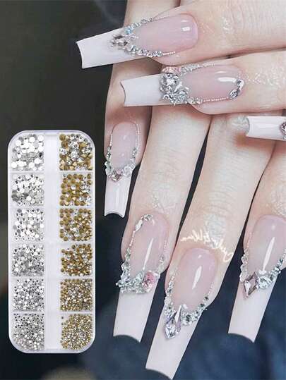 12-rutnätslåda transparent AB-färg japansk stil värdig nagelkonst med glittriga strass nageldekorationer gör-det-själv strass nagelkonstdekorationer minimalistiska 3D multifunktionella nagelsmycken 6 storlekar av diamantsmycken nagelsalong konstnärlig dekoration nagelstrass nagelstenar nageltillbehör nagelberlocker lösnageldekorationstillbehör