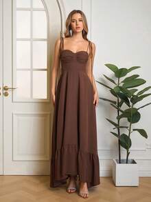 PARTHEA Backless Smocking Bodycon Ruched Cami Long Dress Elegant - Brown - View 5