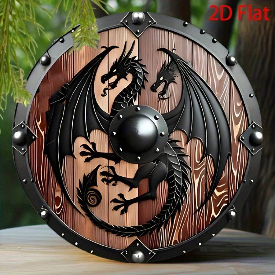 2D Flat, 1 Piece Nordic Shield Metal Wall Decoration - Dark, Medieval Fantasy Decor - Lightweight Aluminum With Textured Wood Grain Frame - Easy To Hang And Install Home, Bar, Cafe, Office - No Wiring Required - Valentine's Day, New Year, Birthday - Retro Nordic Mythology Art, Medieval Style, Mythical Design, 2D Flat - 彩色 - 查看 1