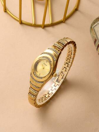 1 st enfärgad strassmärkt trendig pendlarklocka för mångsidig dam, strassrem, perfekt present till kvinnor