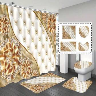 1pc/4pcs Bathroom Curtains Shower Set, Shower Curtain Set, Bathroom Decor, Bathroom Rug, Home Decor, Bath Mat, Diamond Floral Pattern, Gift, Bohemian Theme Decoration, Bathroom Set, Includes 12 Hooks