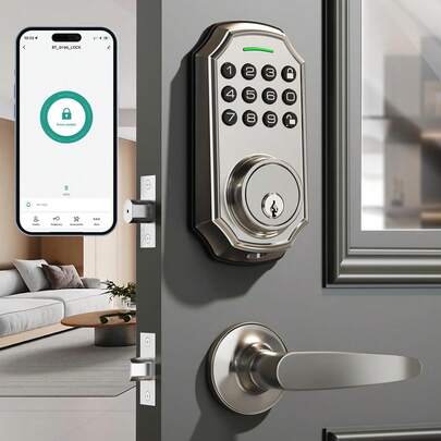 Keyless Entry Door Lock With Handle, App Control Bluetooth Electronic Keypad Deadbolt, 100 Code Front Door Lock Handle Set, One Time Password, Auto Lock, One Touch Loc, Easy To Install, Silver