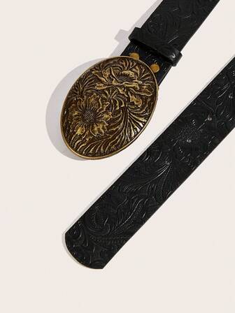 1件精美花卉压纹椭圆形搭扣女士腰带：提升您的时尚品味