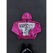 Men's High-Street Dark-Style Pants With Patchwork Embroidery Hoodie Design Relaxed-Fit Casual Pants Sweatshirt - 粉紅色上衣 - 查看 8