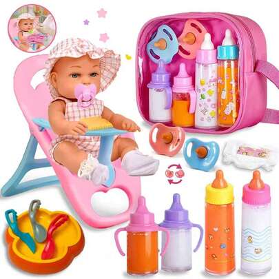 Doll Accessory Set, Suitable For Children 3+ Years Old, Includes Doll Chair With Armrests, Elegant Storage Bag, Doll Feeding Tray, Toy Tableware, Care Set And Doll Diaper. Ideal For Parent-Child Games And Holiday Gifts. (Doll Not Included)