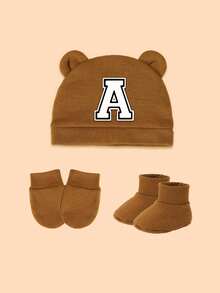 3件套新生儿礼盒，包含1顶白色经典字母装饰婴儿帽、1副防抓手套、1双连体衣，男女宝宝均可佩戴，时尚个性，适合节日、新生儿礼物和日常穿着。 - 咖色 - 查看 20