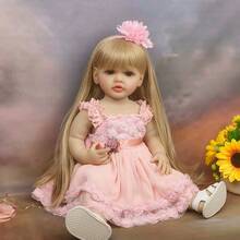 22英寸（约55厘米）逼真重生娃娃，全乙烯基身体，长发公主幼儿玩具，生日/圣诞礼物，娃娃，柔软乙烯基，儿童娃娃，浴缸玩伴玩具，过家家玩具，生日/圣诞礼物（包含奶嘴、奶瓶、尿布、出生证明） - 粉色 - 查看 2
