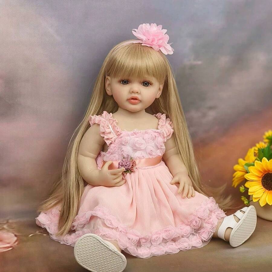 22英寸（约55厘米）逼真重生娃娃，全乙烯基身体，长发公主幼儿玩具，生日/圣诞礼物，娃娃，柔软乙烯基，儿童娃娃，浴缸玩伴玩具，过家家玩具，生日/圣诞礼物（包含奶嘴、奶瓶、尿布、出生证明）