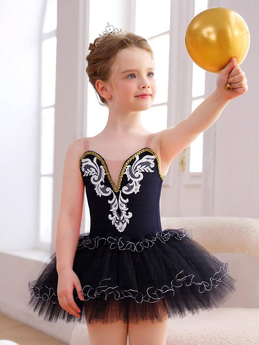Mdnmd Ballet Leotards For Girls Ballerina Swan Lake Dance Pancake Platter Tutu Ruffle Sleeve Floral Print Gymnastics Leotard Ballet Tutu - 黑色 - 查看 1
