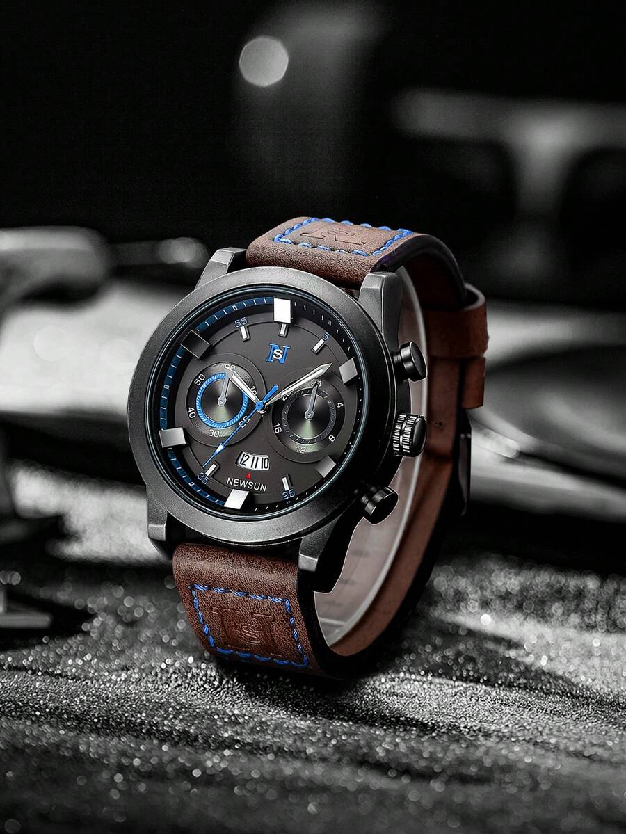 NSNEVER STOP 1pc Men's Personalized Stylish Calendar Luminous Leather Strap Watch, Suitable For Daily Life, Business Events, Holidays, Birthday Gifts, Valentine's Day Gifts, Father's Day Gifts, Halloween Gifts, Christmas Gifts, - Brown - View 1