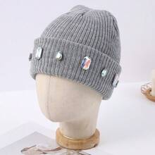 1pcs Niche Rhinestone Knitted Beanie - Multiple Colors Available, Autumn Winter Warm/Street Style Accessory, Eye-Catching Personality Headwear - Light Grey - View 12