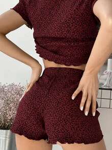 女士豹纹罗纹短袖短裤两件套睡衣，休闲简约圆领夏季家居服 - 酒紅色 - 查看 4