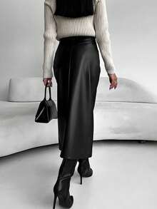 女士优雅纯色高腰开衩大腿PU半身裙，秋冬款 - 黑色 - 查看 3