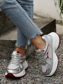 女士厚底厚底运动鞋，时尚保暖内里，多功能新款厚底休闲系带低帮鞋 - 酒紅色 - 查看 4