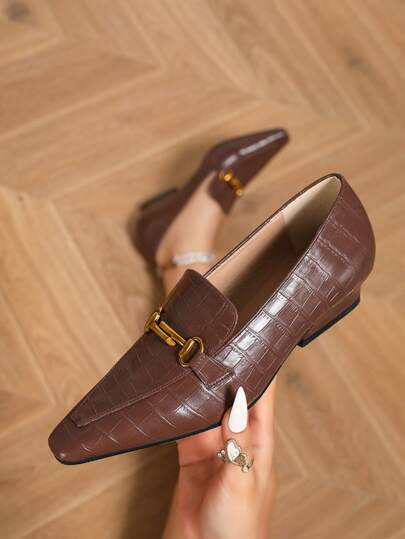 Classic Square Toe Metal Buckle Loafers, Chunky Heel Wedge Asymmetric Heel Design, Elegant Comfortable Commuting, Casual, Formal, Party Wear, Vintage Crocodile Print Coffee Brown Flat Shoes For Women