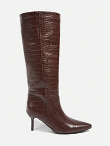 Botas altas de cuero de gamuza versátiles y de moda con puntera puntiaguda, tacones burdeos, tacones de aguja para otoño/invierno - Óxido marrón - Ver 5