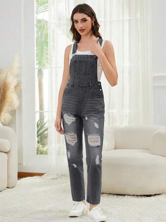 Plain Color Pocket Washed Distressed Mid-Waist Denim Bib Overall For Women