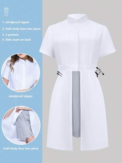 cimmuovere Dam med stående krage, kontrastfärgad 2-i-1-klänning med korta ärmar, sjuksköterskeuniform, arbetskläder för tandläkare, sjukvård, djursjukhus, laboratorium