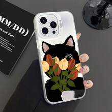 Funda de teléfono móvil de lujo de alta gama, colorida, con diseño de gato negro y tulipanes para iPhone 17, 17 Pro, 17 Air, 17 Pro Max y 16, 15, 14 Plus, 16, 15, 14, 13, 12 Pro Max. Funda de moda anti caída y antideslizante, funda creativa para teléfono móvil, regalo adecuado para familiares y amigos, diseño de gato negro con tulipanes, antiarañazos para el Día de San Valentín. - Negro - Ver 4