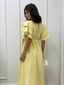 Double Layered Sleeve Midi Dress With Adjustable Sash Belt - Màu vàng nhạt - Xem 4
