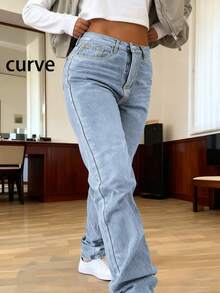 Quần jeans nữ dáng rộng, màu trơn, chất liệu wash nhẹ, phù hợp cho đi làm, ở nhà, tụ họp, mua sắm, mọi mùa. Phong cách đường phố tối giản mới. - Rửa nhẹ - Xem 3