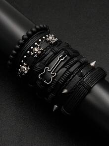 8件套朋克风时尚个性化PU皮革铆钉吉他背带套装，适合男士日常或派对穿着 - 黑色 - 查看 11