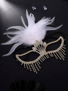 银色羽毛水钻流苏面具，奢华水晶面部装饰，女士化装舞会面具 - 金白 - 查看 6