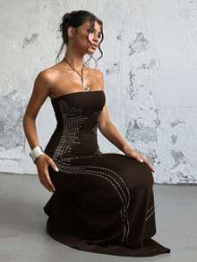 Angel Wing Design Slimming, Sexy, Strapless Summer Dress - Brown - View 6