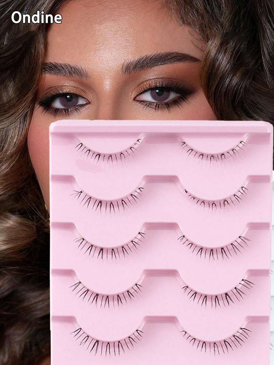 Ondine 自然下睫毛 5 对，单根，明日之尾 V 形透明细柄一体式假睫毛 - 黑色 - 查看 1