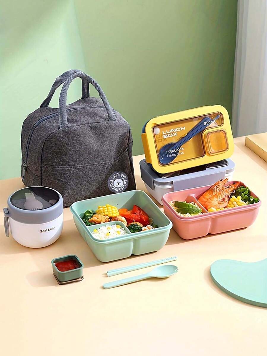 3件套心形叶子图案保温午餐盒套装，微波炉适用塑料餐盒，含850毫升早餐杯和保温手提袋，手动长方形便当盒套装，方便食物储存和携带，返校午餐包 - 彩色 - 查看 1