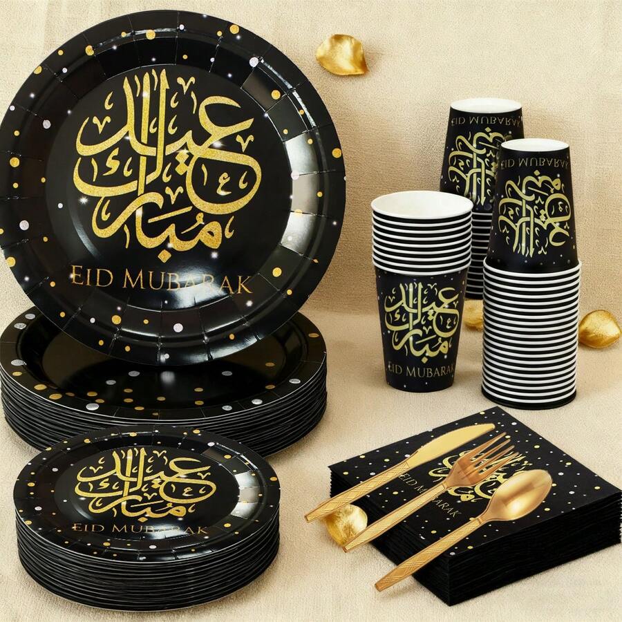 Bộ đồ dùng tiệc Eid Mubarak 10/20/80 món, bao gồm đĩa ăn 9 inch, đĩa tráng miệng 7 inch, cốc 9oz, khăn ăn Eid Mubarak, khăn trải bàn trang trí Ramadan (đen và vàng), phục vụ 20 người