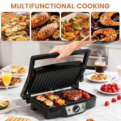 SUPERLEX Bbq Gril Sandwich Maker 1800W , Electric Indoor Grill With Easy-Clean Coating, Equipped With Non-Stick Cooking Plate For Easy Cleaning, Stainless Steel And Aluminum Baking Tray, Equipped With Precise Temperature Control System, With Anti-Scalding Handle, Suitable For Making Kitchen Breakfast Sandwiches, Steak, Seafood And Various Grilled Meats