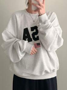 New Fall/Winter Collection: Loose-Fitting, Casual Round-Neck Sweatshirt With Cartoon And Text Print, Korean Style, For Women - Xám nhạt - Xem 1