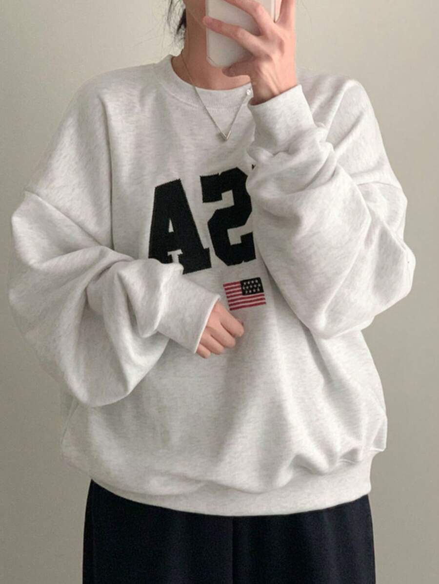 New Fall/Winter Collection: Loose-Fitting, Casual Round-Neck Sweatshirt With Cartoon And Text Print, Korean Style, For Women - Xám nhạt - Xem 1