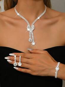4pcs Women Jewelry Set, Including Necklace, Earrings, Bracelet, Diamond Shape Design, Suitable For Party, Bride, Thanksgiving Theme - Gold - View 1