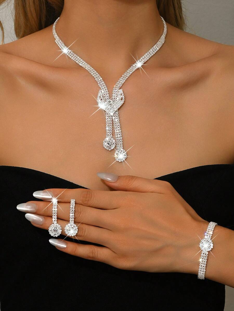 4pcs Women Jewelry Set, Including Necklace, Earrings, Bracelet, Diamond Shape Design, Suitable For Party, Bride, Thanksgiving Theme - Gold - View 1