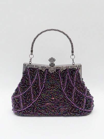1 pezzo Borsa clutch da sera elegante e di lusso in stile vintage anni '20, decorata con fiori, totem, perline, paillettes, foglie di metallo e strass, adatta per feste, matrimoni, occasioni formali, borsa clutch viola con perline